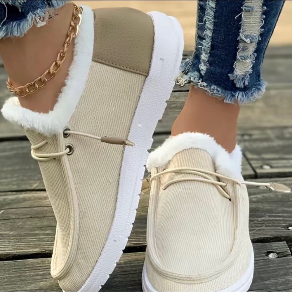 Winter plush lined flat shoes, Women's low top slip on shoes, women's footwear
